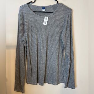 Old Navy | Women's Silver Gray Shimmer Round Neck Stretch Ribbed Long Sleeve Top